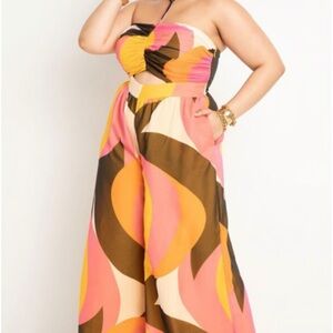 Eloquii Halter Neck, Wide Legged Patterned Jumpsuit